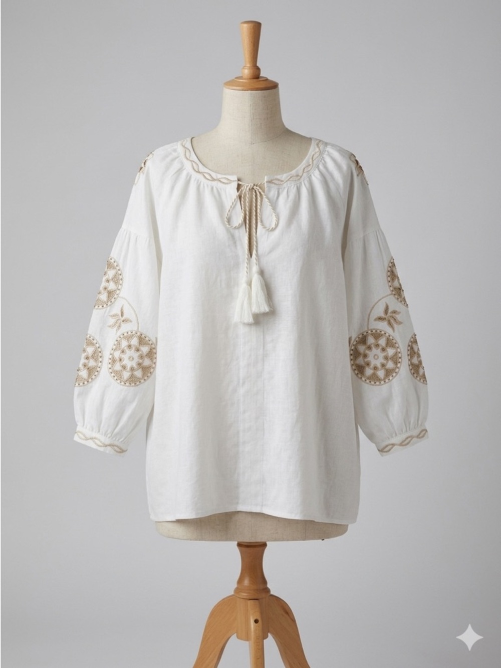 Anthropologie RD & Koko Embroidered Ivory Blouse Tunic with Tassel Tie Medium